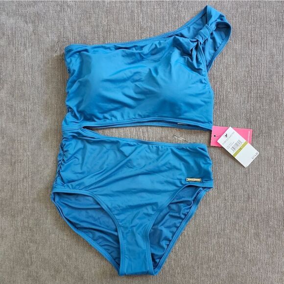 Vince Camuto Azure Blue Asymmetric knotted neck cut out side swimsuit Sz 10 - Picture 1 of 10